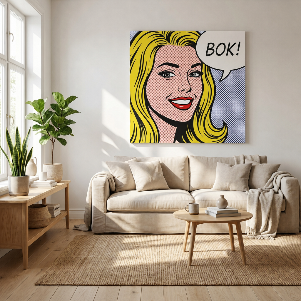 Pop-art slika na platnu obješena u dnevnom boravku iznad sofe – personalizirani poklon iz fotografije, Papilora