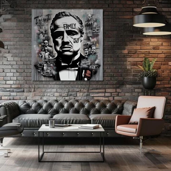 Slika na platnu s motivom kum, obitelj, crno-bijeli portret obješena u modernom stilskom interijeru iznad drvene konzole s vazom i svijećom, Papilora.