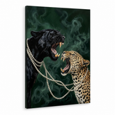 Moderna slika pantere i leoparda s bisernom ogrlicom na platnu, 3D prikaz kvalitetnog drvenog okvira, luksuzni zidni dekor, Papilora.