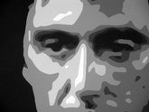 Ručno oslikana slika na platnu s motivom muško lice u sivim tonovima – 3D prikaz platna s vidljivim drvenim okvirom, Papilora.
