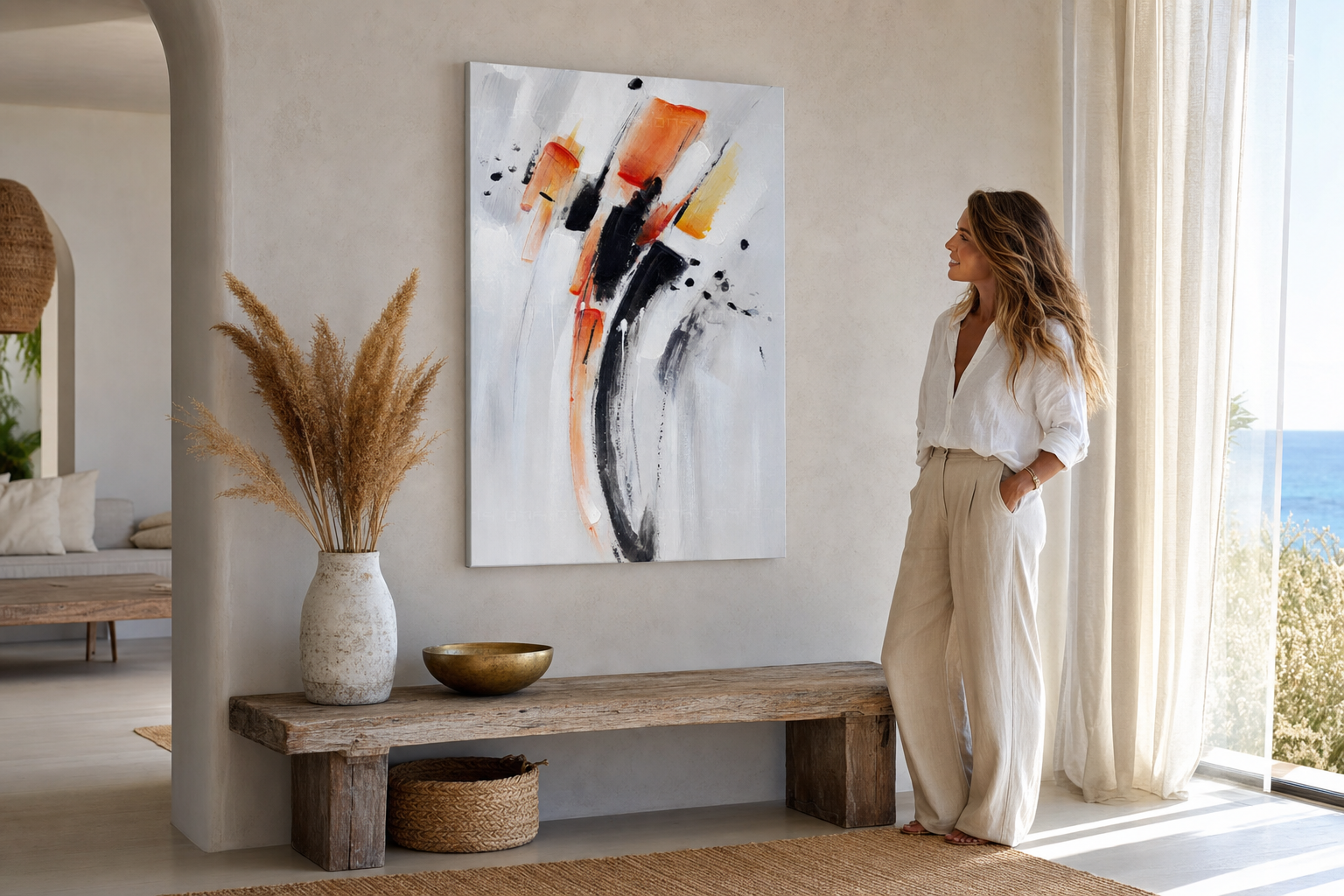 Oslikana slika za zid APSTRAKT 60x90 cm – ručno oslikana slika u elegantnom interijeru (Modern coastal) | wall mockup | premium platno | Papilora.sk