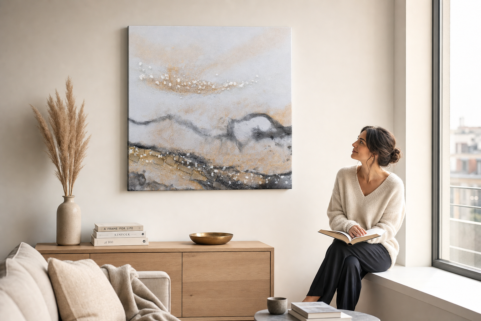 Oslikana slika za zid APSTRAKT 70x70 cm – ručno oslikana slika u elegantnom interijeru (Window reading) | wall mockup | premium platno | Papilora.sk