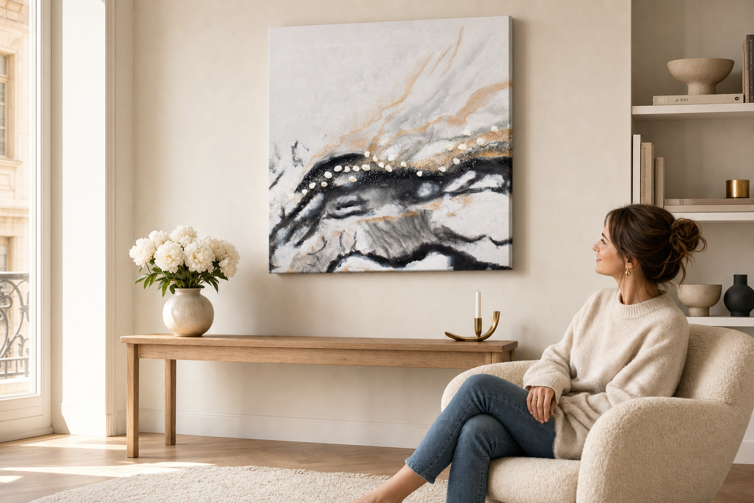 Oslikana slika za zid APSTRAKT 70x70 cm – ručno oslikana slika u elegantnom interijeru (Scandi cream) | wall mockup | premium platno | Papilora.sk