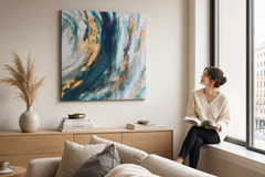 Oslikana slika za zid ABSTRAKT 70x70 cm – ručno oslikana slika u elegantnom interijeru (Window reading) | wall mockup | premium platno | Papilora.sk