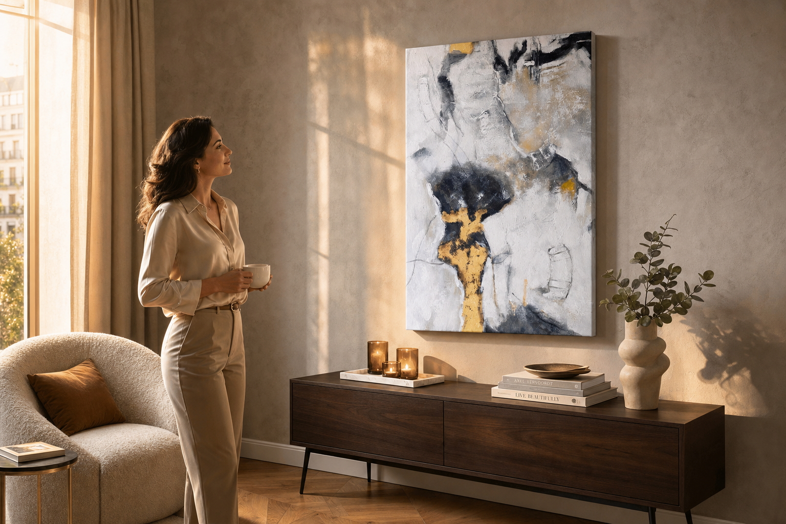 Oslikana slika za zid APSTRAKT 80x120 cm – ručno oslikana slika u elegantnom interijeru (Golden hour luxe) | wall mockup | premium platno | Papilora.sk