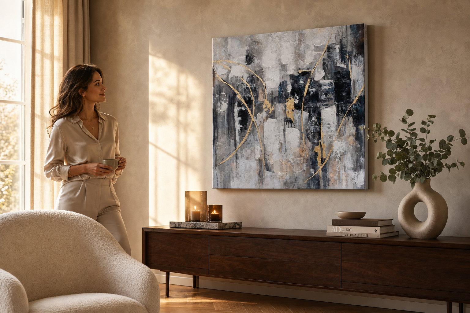 Oslikana slika za zid APSTRAKT 80x80 cm – ručno oslikana slika u elegantnom interijeru (Golden hour luxe) | wall mockup | premium platno | Papilora.sk