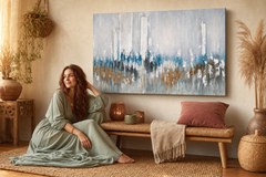 Oslikana slika za zid APSTRAKT 90x60 cm – ručno oslikana slika u elegantnom interijeru (Bohemian warm) | wall mockup | premium platno | Papilora.sk
