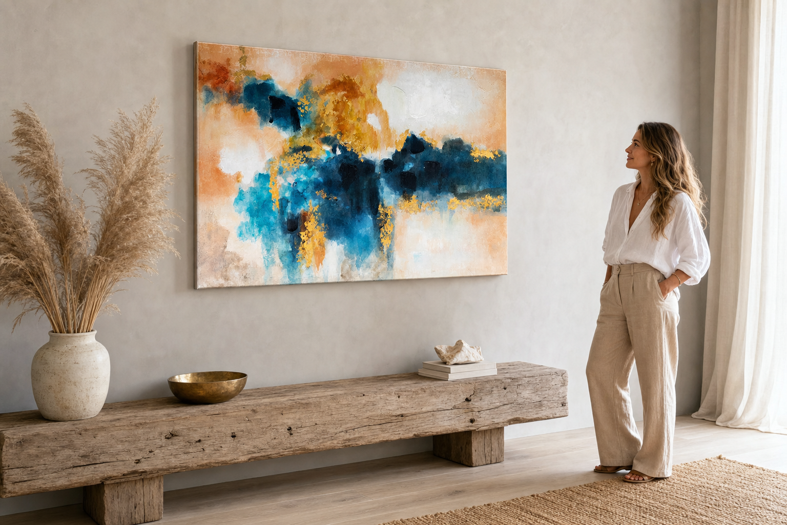 Oslikana slika za zid APSTRAKT 120x80 cm – ručno oslikana slika u elegantnom interijeru (Modern coastal) | wall mockup | premium platno | Papilora.sk