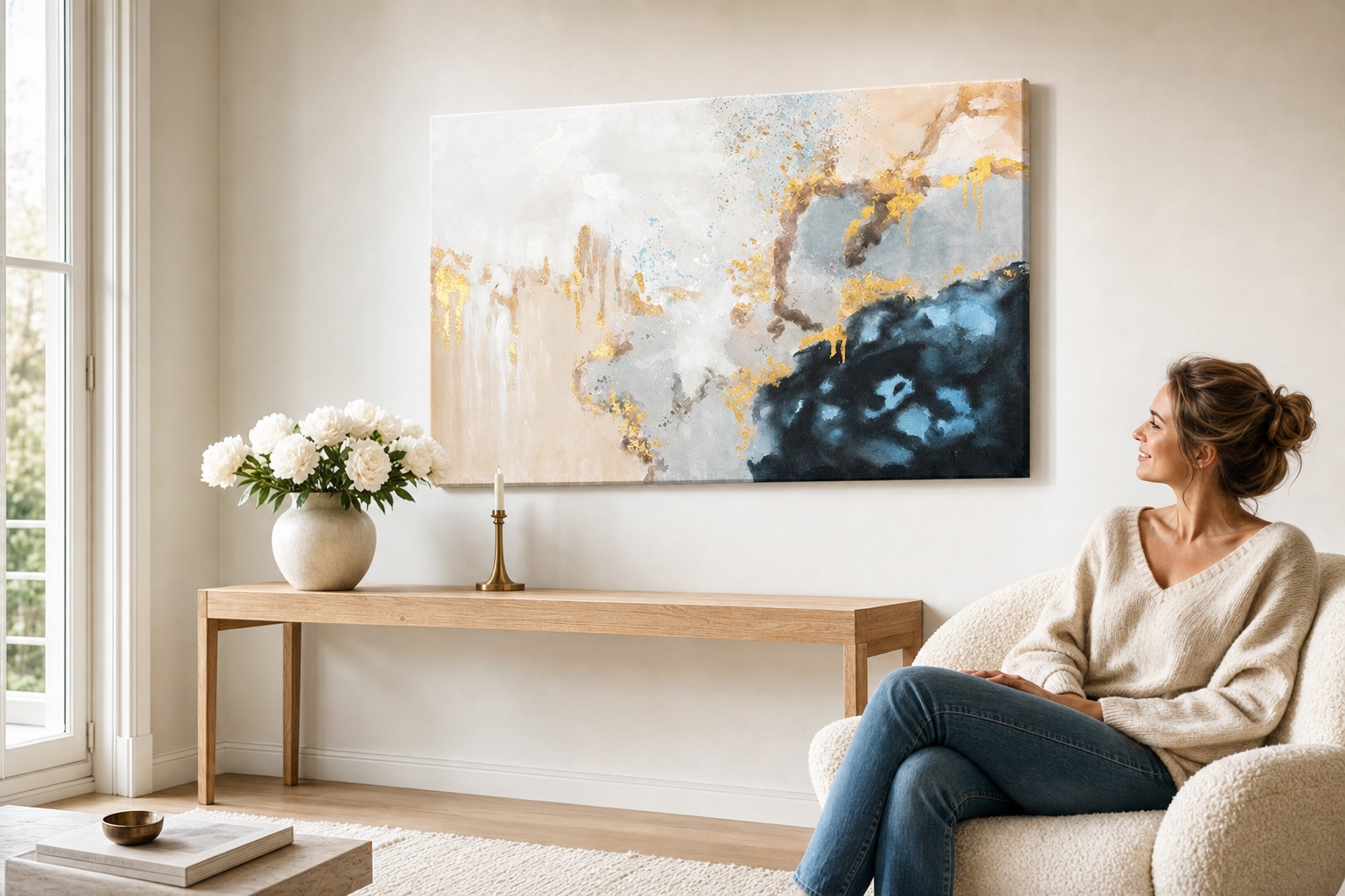 Oslikana slika za zid APSTRAKT 90x60 cm – ručno oslikana slika u elegantnom interijeru (Scandi cream) | wall mockup | premium platno | Papilora.sk