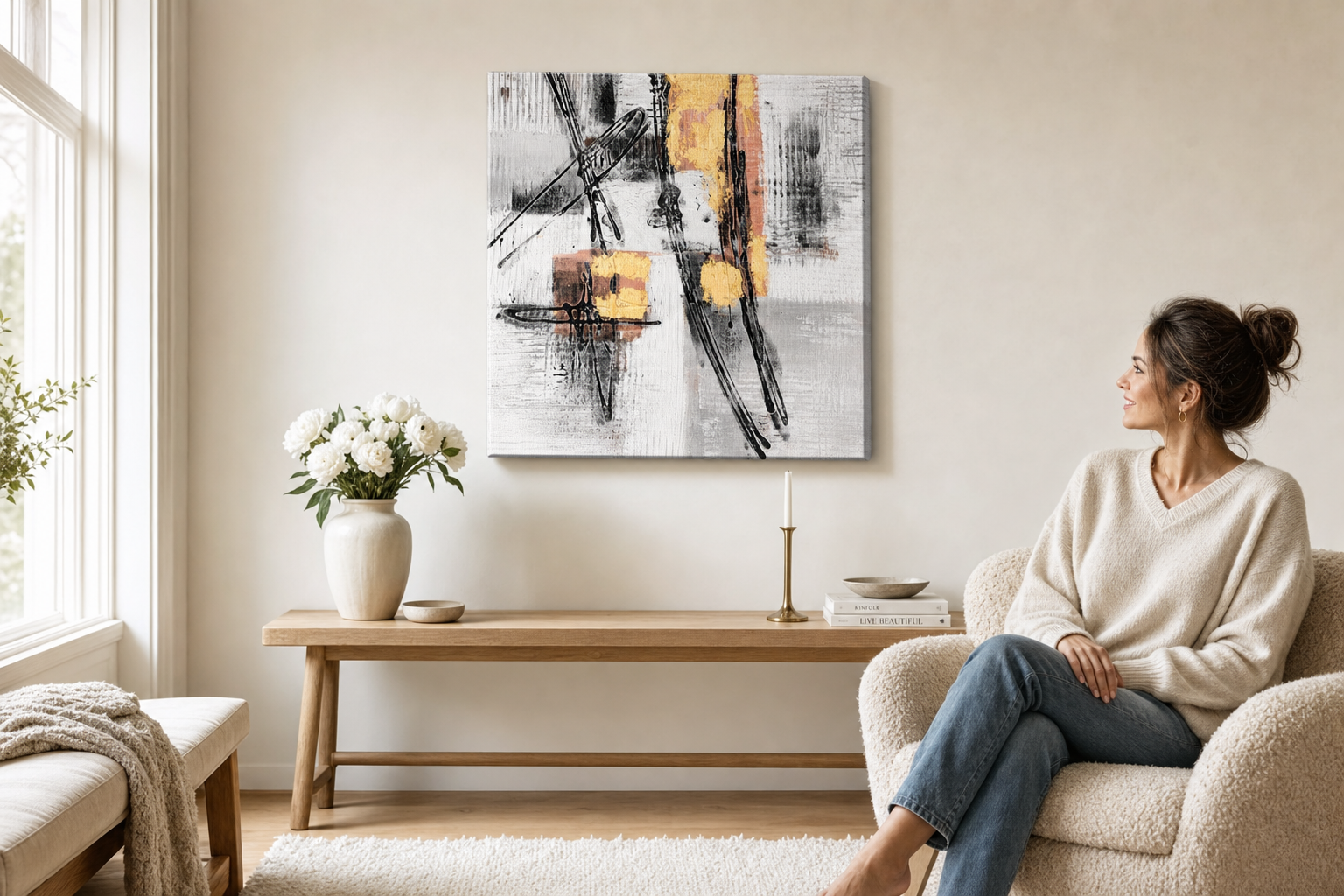 Oslikana slika za zid APSTRAKT 60x60 cm – ručno oslikana slika u elegantnom interijeru (Scandi cream) | wall mockup | premium platno | Papilora.sk