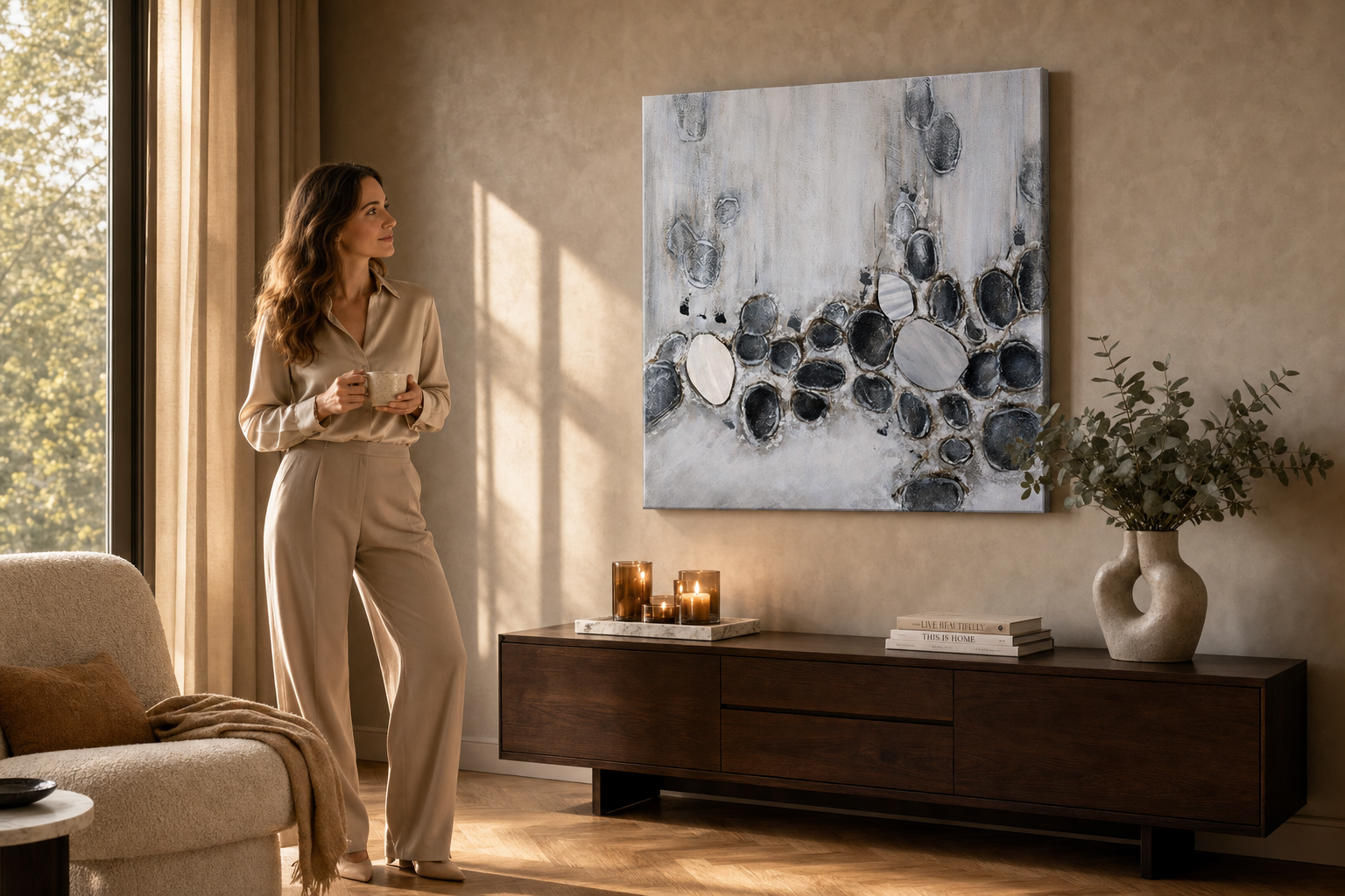 Oslikana slika za zid APSTRAKT 100x100 cm – ručno oslikana slika u elegantnom interijeru (Golden hour luxe) | wall mockup | premium platno | Papilora.sk