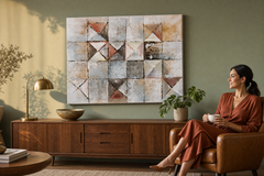 Oslikana slika za zid APSTRAKT 80x60 cm – ručno oslikana slika u elegantnom interijeru (Mid-century warm) | wall mockup | premium platno | Papilora.sk