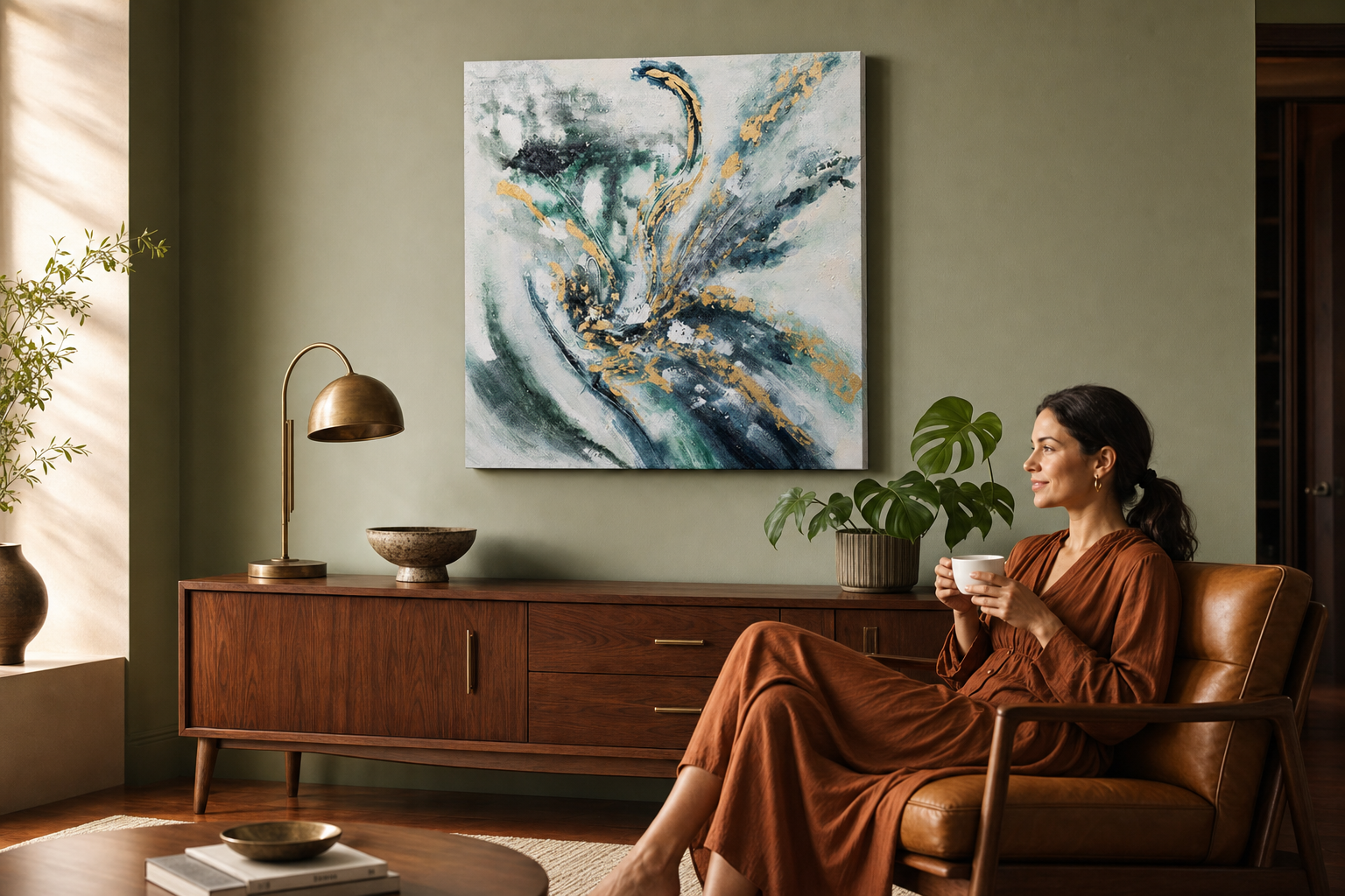 Oslikana slika za zid APSTRAKT 100x100 cm – ručno oslikana slika u elegantnom interijeru (Mid-century warm) | wall mockup | premium platno | Papilora.sk
