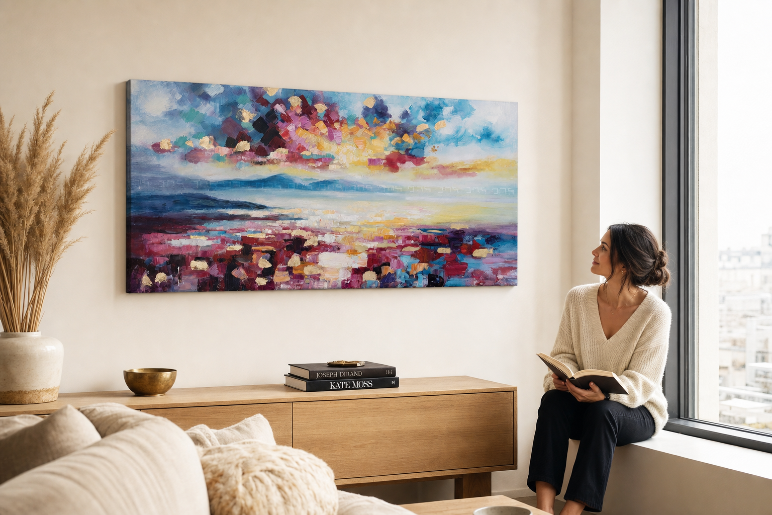 Oslikana slika na zidu ABSTRAKT 140x70 cm – ručno oslikana slika u elegantnom interijeru (Window reading) | wall mockup | premium canvas | Papilora.sk