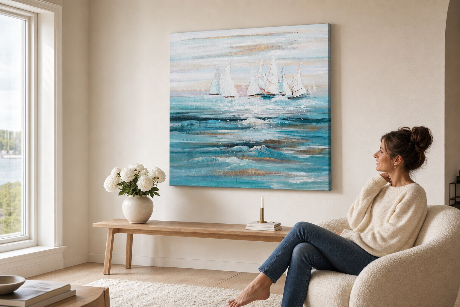 Oslikana slika na zidu BRODIĆI 90x60 cm – ručno oslikana slika u elegantnom interijeru (Scandi cream) | wall mockup | premium canvas | Papilora.sk