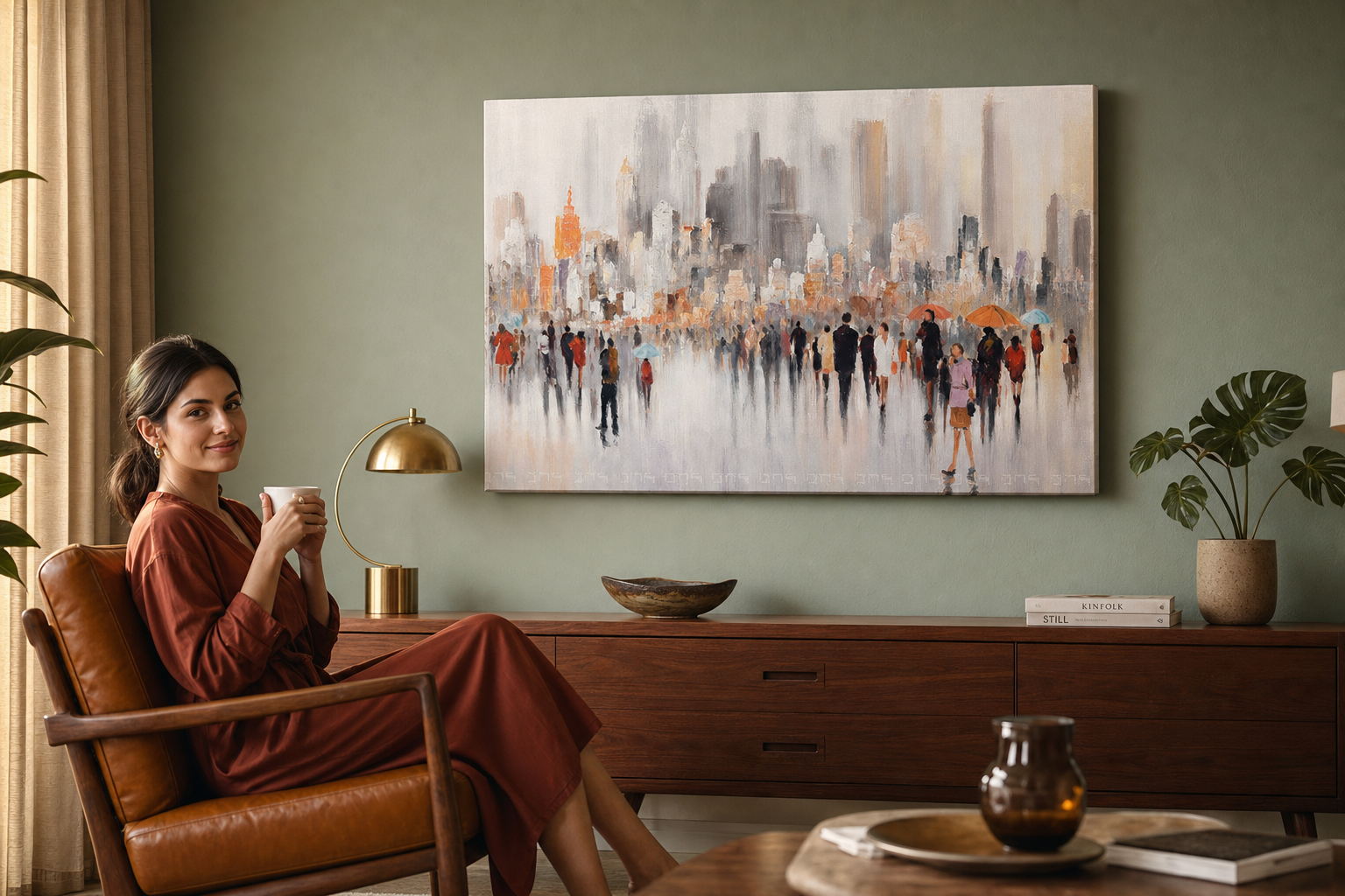 Oslikana slika za zid GRAD 120x80 cm – ručno oslikana slika u elegantnom interijeru (Mid-century warm) | wall mockup | premium platno | Papilora.sk