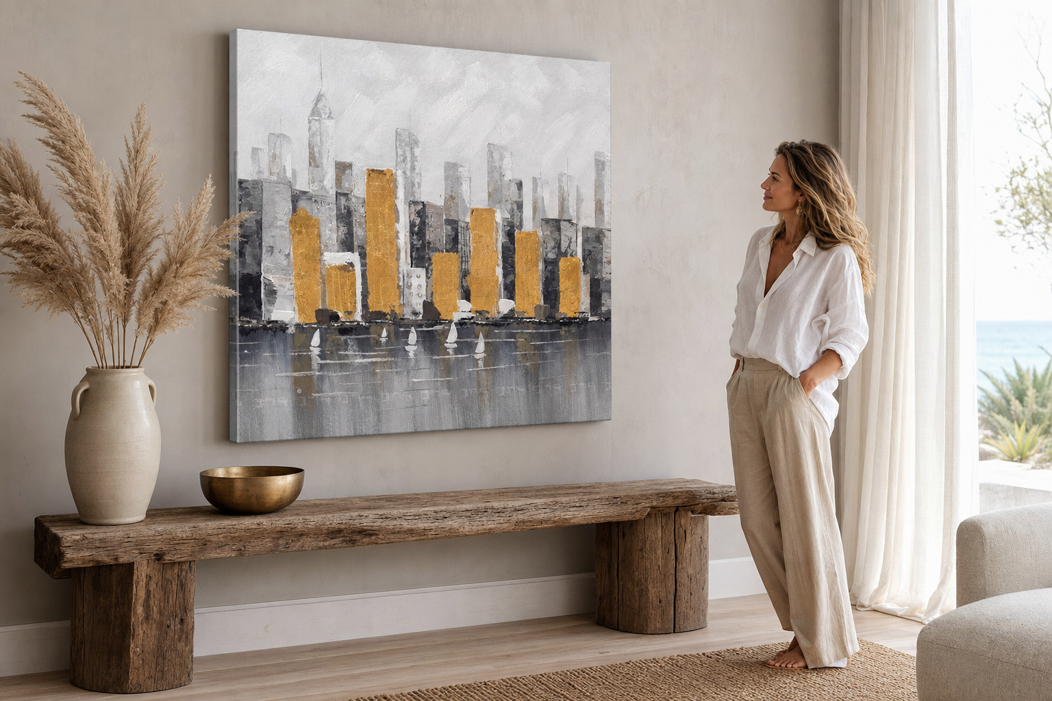 Oslikana slika na zidu GRAD 70x70 cm – ručno oslikana slika u elegantnom interijeru (Modern coastal) | wall mockup | premium canvas | Papilora.sk