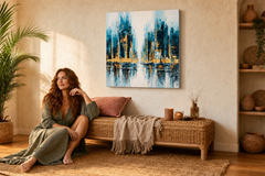 Oslikana slika za zid GRAD 70x70 cm – ručno oslikana slika u elegantnom interijeru (Bohemian warm) | wall mockup | premium platno | Papilora.sk