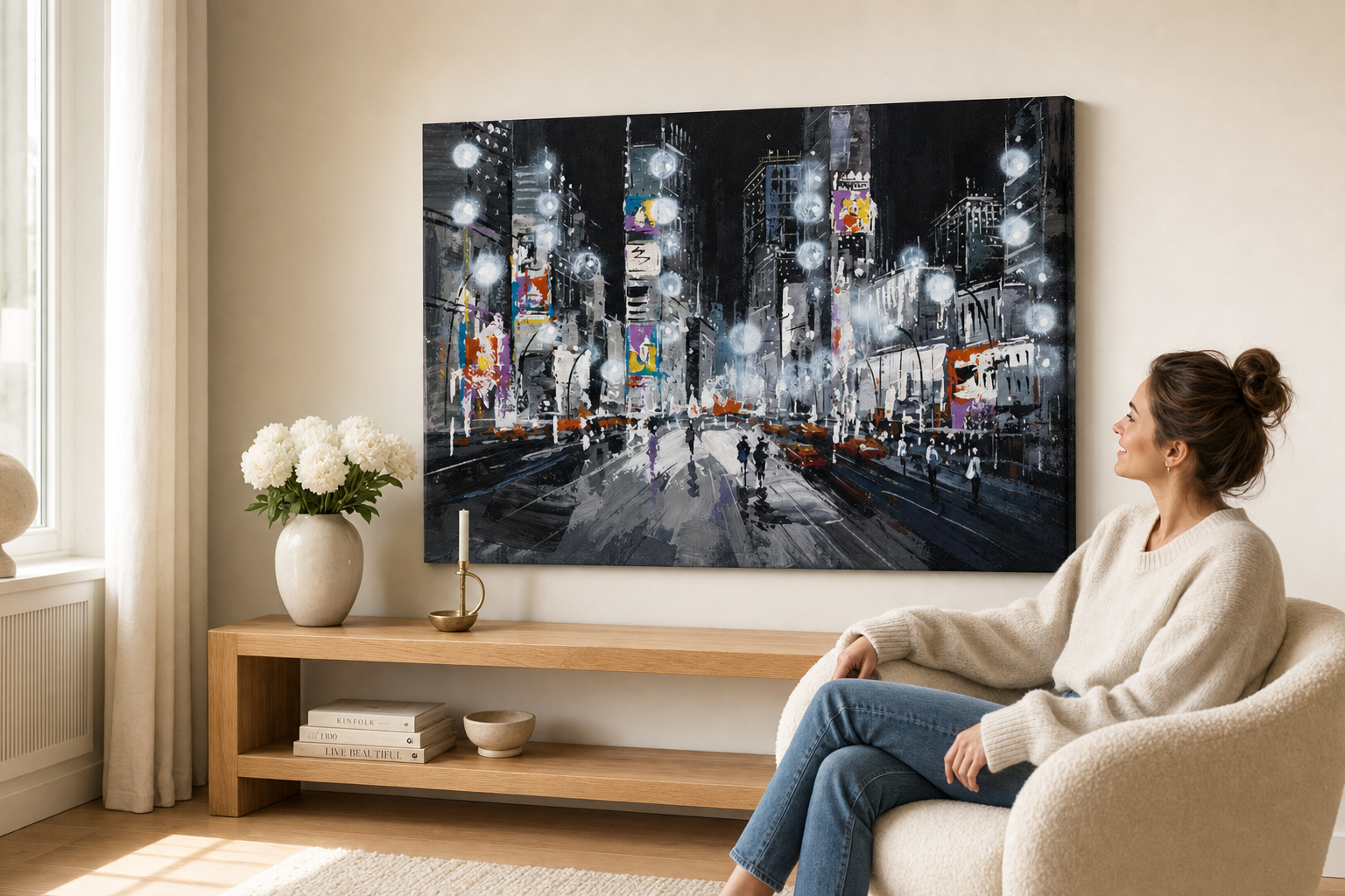 Oslikana slika na zidu GRAD 70x50 cm – ručno oslikana slika u elegantnom interijeru (Scandi cream) | wall mockup | premium canvas | Papilora.sk
