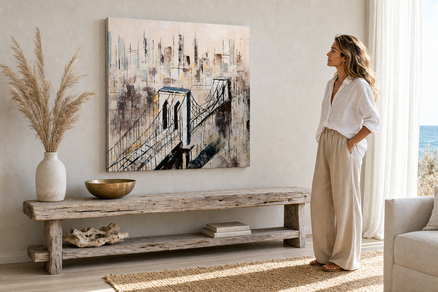 Oslikana slika za zid GRAD 80x80 cm – ručno oslikana slika u elegantnom interijeru (Modern coastal) | wall mockup | premium platno | Papilora.sk