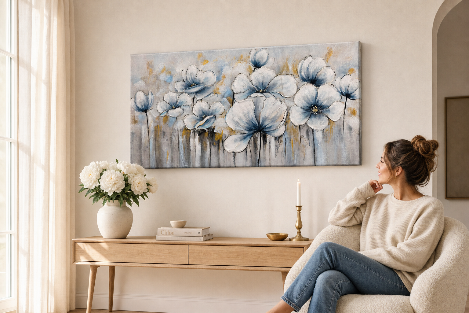 Oslikana slika na zidu CVIJEĆE 100x50 cm – ručno oslikana slika u elegantnom interijeru (Scandi cream) | wall mockup | premium canvas | Papilora.sk