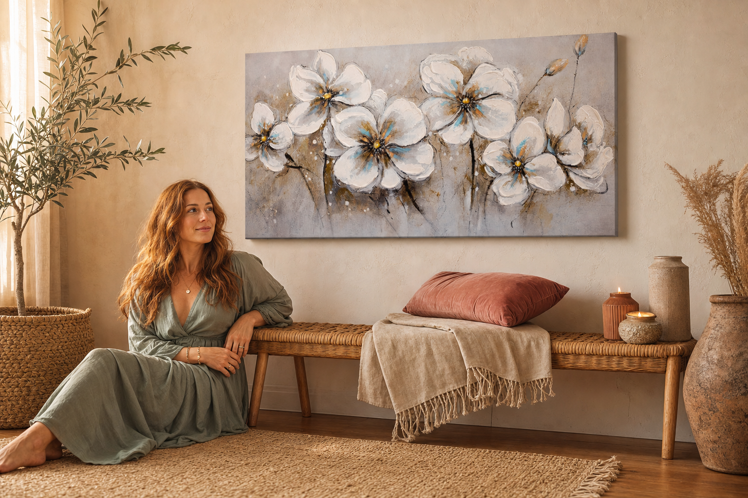 Oslikana slika za zid CVIJEĆE 100x50 cm – ručno oslikana slika u elegantnom interijeru (Bohemian warm) | wall mockup | premium platno | Papilora.sk