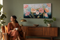 Oslikana slika za zid CVIJEĆE 100x50 cm – ručno oslikana slika u elegantnom interijeru (Mid-century warm) | wall mockup | premium platno | Papilora.sk
