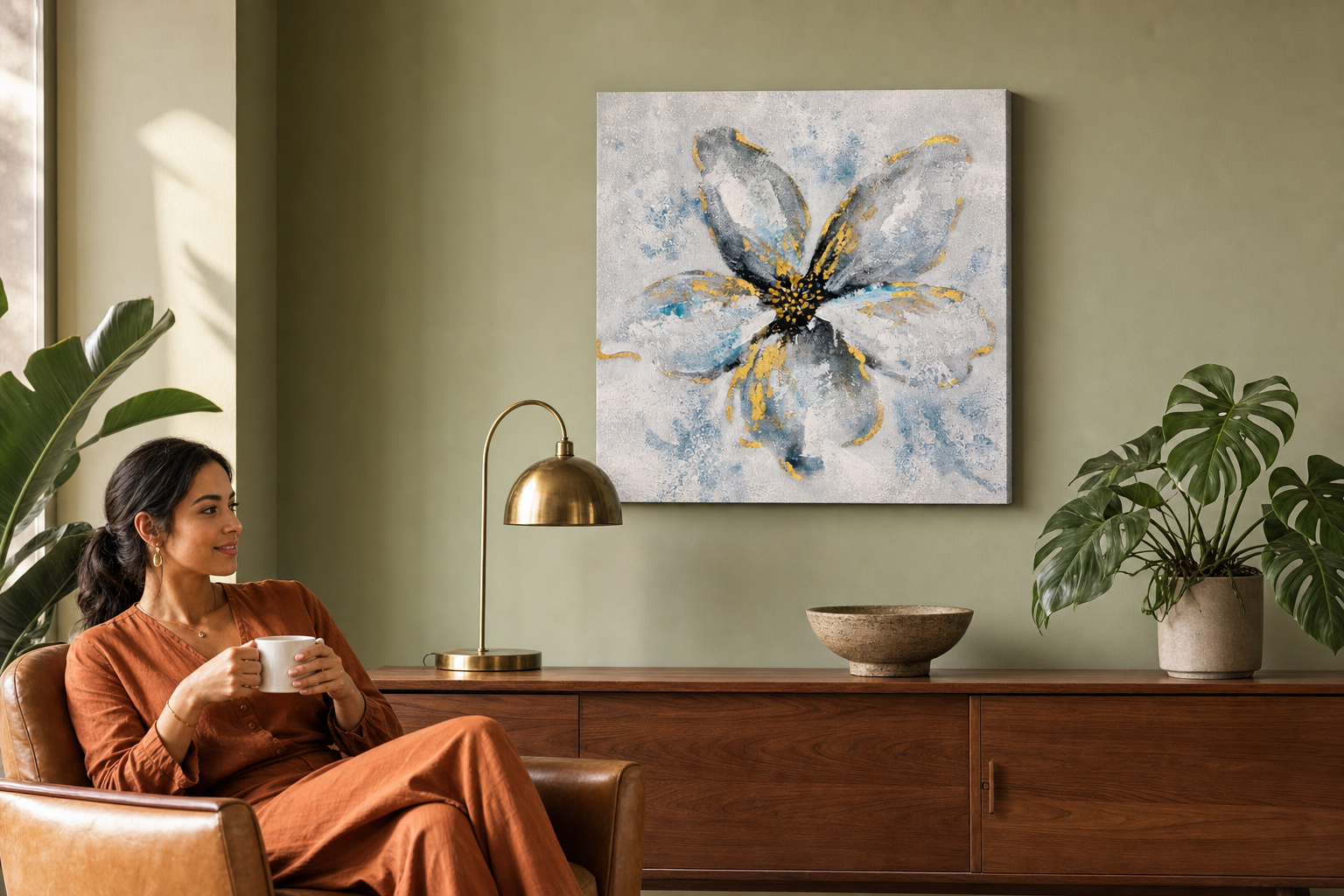 Oslikana slika za zid CVIJEĆE 50x50 cm – ručno oslikana slika u elegantnom interijeru (Mid-century warm) | wall mockup | premium canvas | Papilora.sk