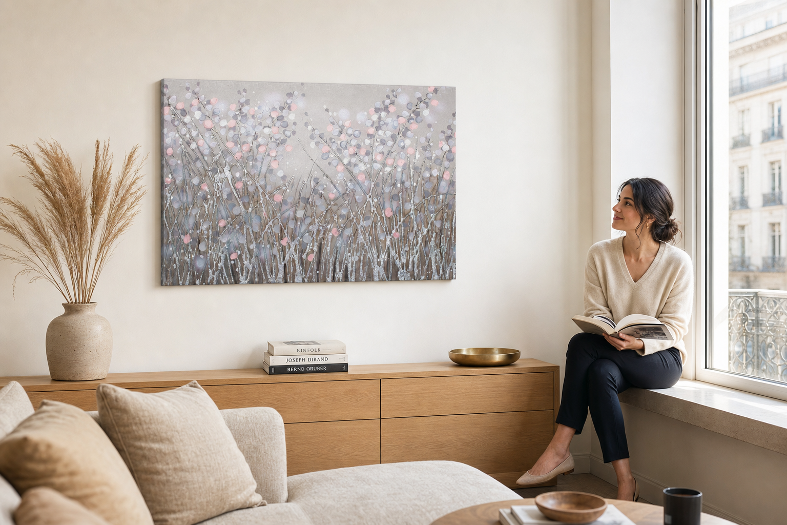 Oslikana slika na zidu CVIJEĆE 90x60 cm – ručno oslikana slika u elegantnom interijeru (Window reading) | wall mockup | premium canvas | Papilora.sk