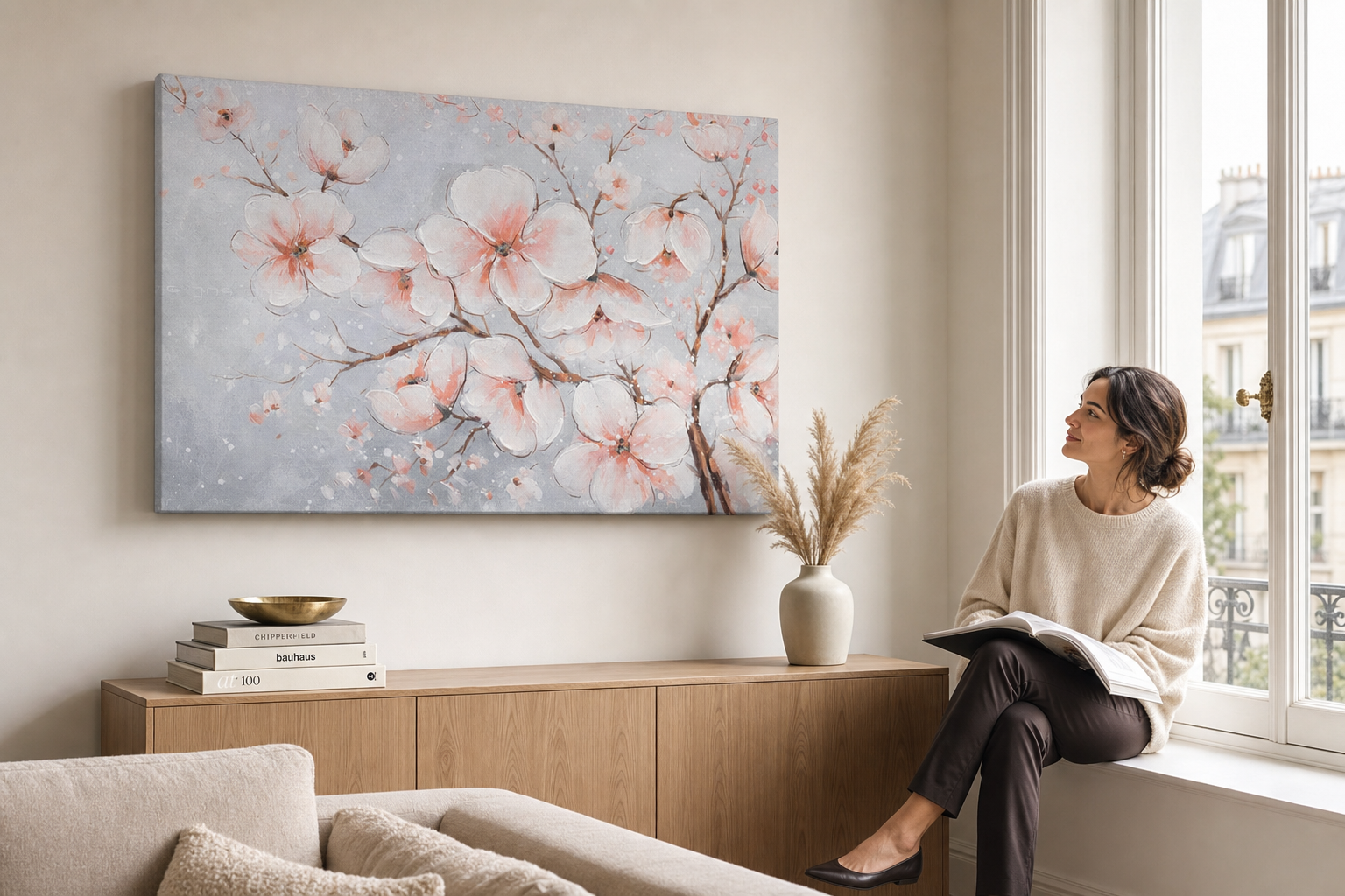 Oslikana slika na zidu CVIJEĆE 90x60 cm – ručno oslikana slika u elegantnom interijeru (Window reading) | wall mockup | premium canvas | Papilora.sk