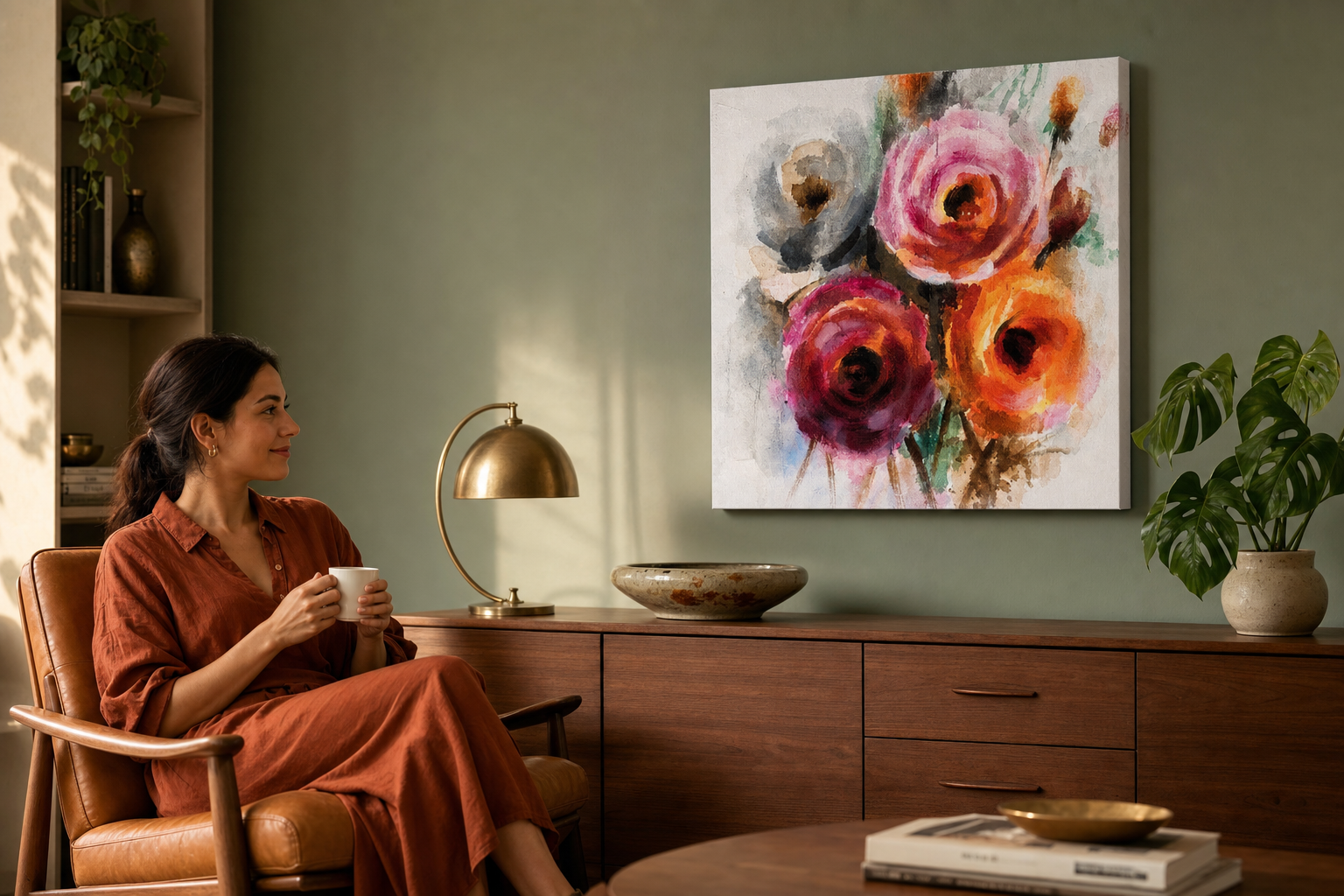 Oslikana slika na zidu CVIJEĆE 70x70 cm – ručno oslikana slika u elegantnom interijeru (Mid-century warm) | wall mockup | premium canvas | Papilora.sk
