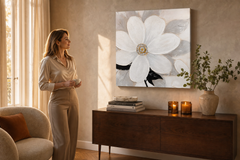 Oslikana slika na zidu CVIJEĆE 70x70 cm – ručno oslikana slika u elegantnom interijeru (Golden hour luxe) | wall mockup | premium canvas | Papilora.sk