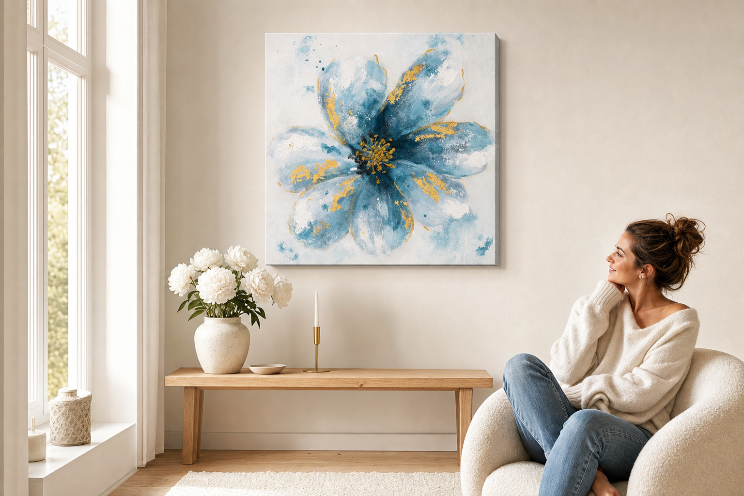 Oslikana slika za zid CVIJEĆE 50x50 cm – ručno oslikana slika u elegantnom interijeru (Scandi cream) | wall mockup | premium canvas | Papilora.sk