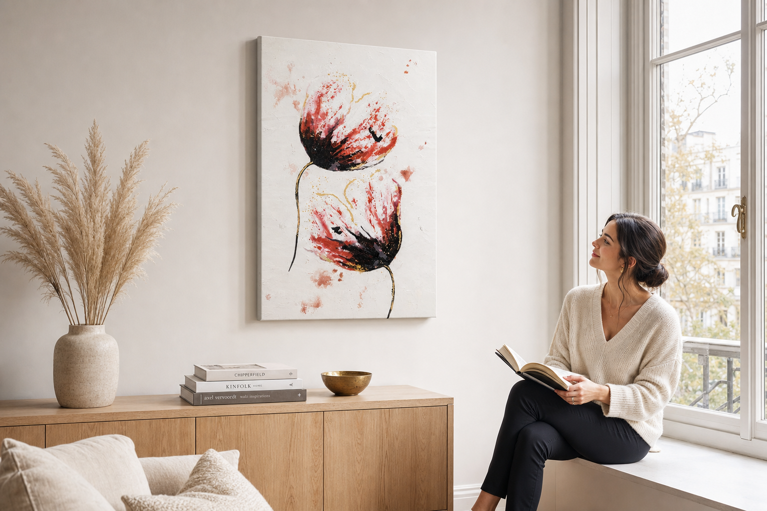 Oslikana slika na zidu CVIJEĆE 60x90 cm – ručno oslikana slika u elegantnom interijeru (Window reading) | wall mockup | premium canvas | Papilora.sk