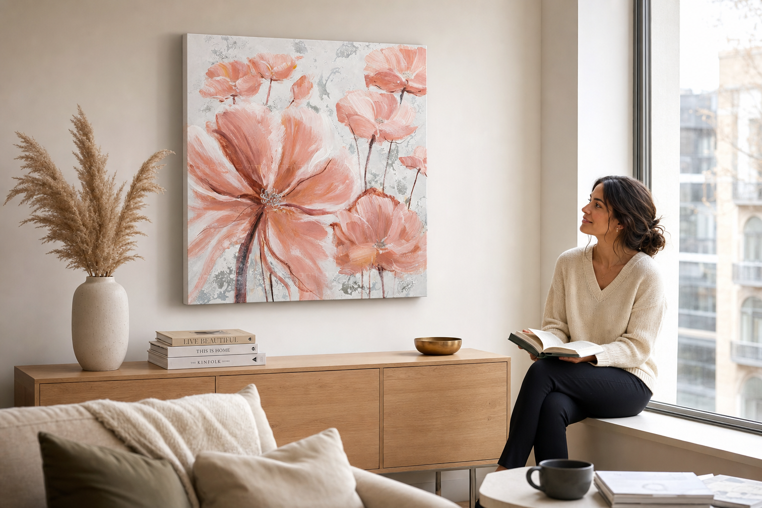 Oslikana slika za zid CVIJEĆE 70x70 cm – ručno oslikana slika u elegantnom interijeru (Window reading) | wall mockup | premium canvas | Papilora.sk