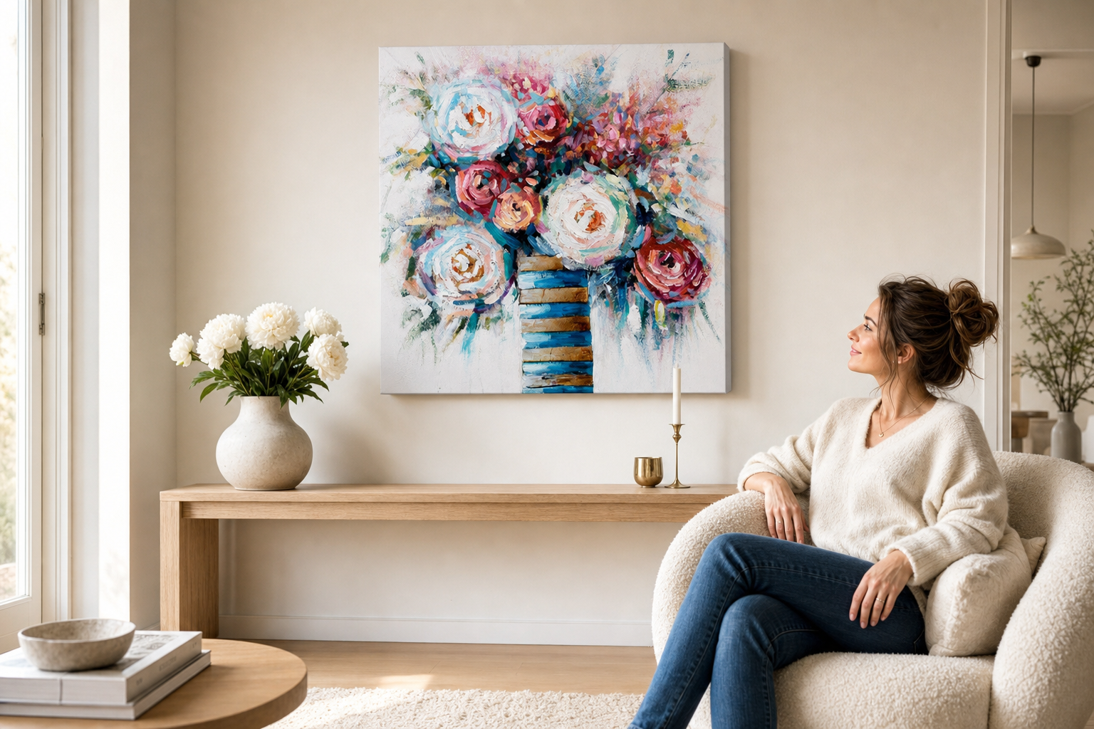 Oslikana slika za zid CVIJEĆE 70x70 cm – ručno oslikana slika u elegantnom interijeru (Scandi cream) | wall mockup | premium platno | Papilora.sk