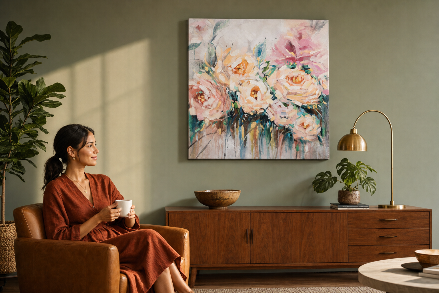 Oslikana slika za zid CVIJEĆE 100x100 cm – ručno oslikana slika u elegantnom interijeru (Mid-century warm) | wall mockup | premium platno | Papilora.sk