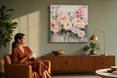 Oslikana slika za zid CVIJEĆE 100x100 cm – ručno oslikana slika u elegantnom interijeru (Mid-century warm) | wall mockup | premium platno | Papilora.sk