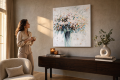 Oslikana slika na zidu CVIJEĆE U VAZI 70x70 cm – ručno oslikana slika u elegantnom interijeru (Golden hour luxe) | wall mockup | premium canvas | Papilora.sk
