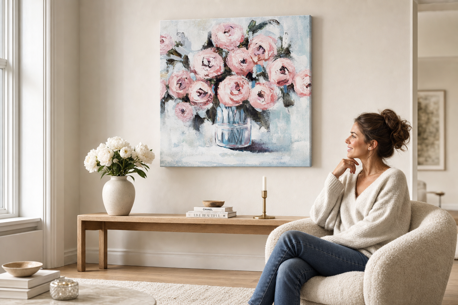Oslikana slika za zid CVIJEĆE U VAZI 70x70 cm – ručno oslikana slika u elegantnom interijeru (Scandi cream) | wall mockup | premium canvas | Papilora.sk