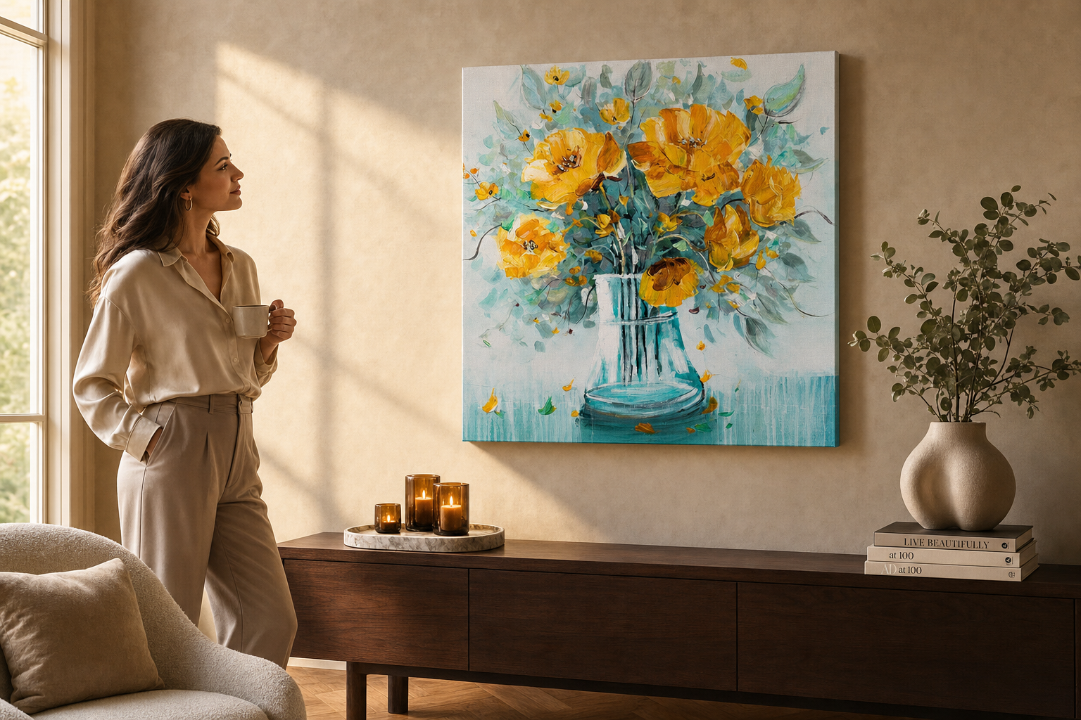 Oslikana slika za zid Cvijeće u vazi — žuti buket 70×70 cm – ručno oslikana slika u elegantnom interijeru (Golden hour luxe) | wall mockup | premium platno | Papilora.sk