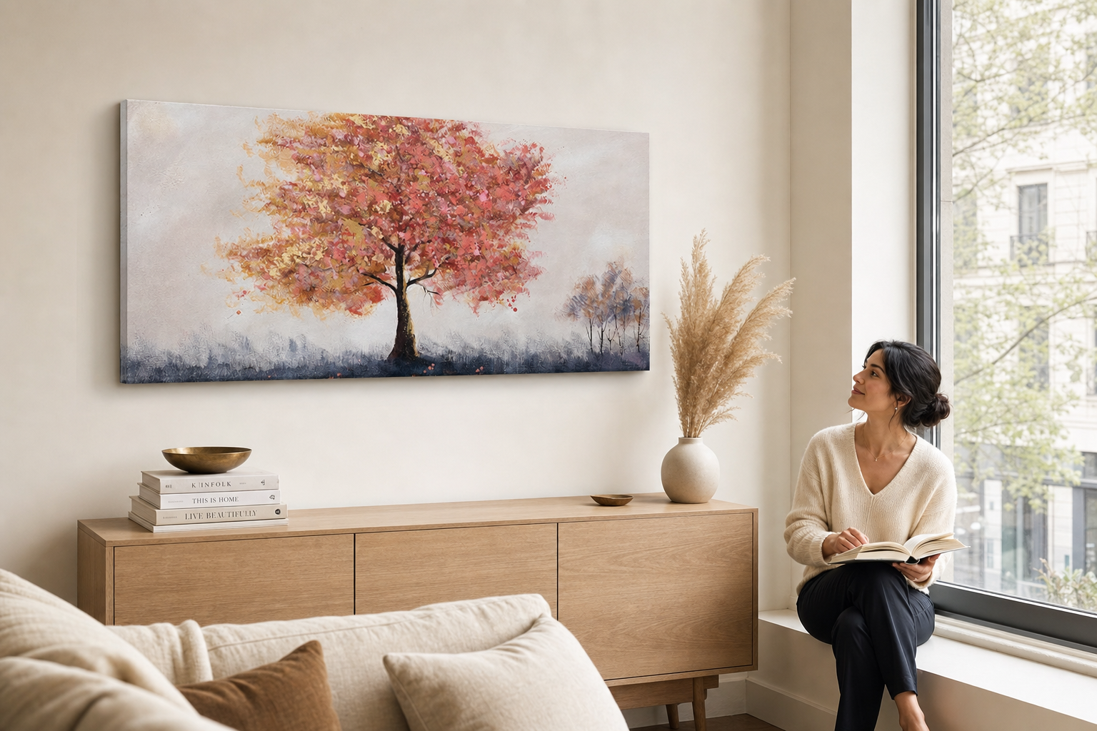 Oslikana slika za zid DRVEĆE 100x50 cm – ručno oslikana slika u elegantnom interijeru (Window reading) | wall mockup | premium platno | Papilora.sk