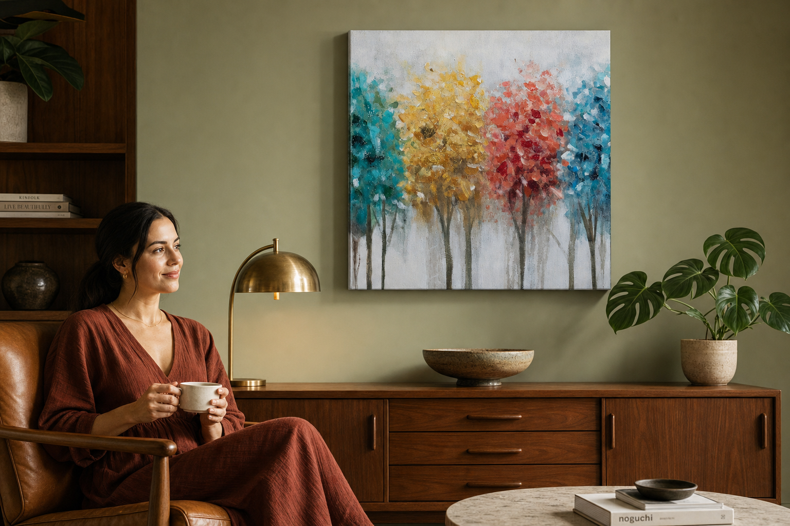 Oslikana slika na zidu STABLA 60x60 cm – ručno oslikana slika u elegantnom interijeru (Mid-century warm) | wall mockup | premium canvas | Papilora.sk