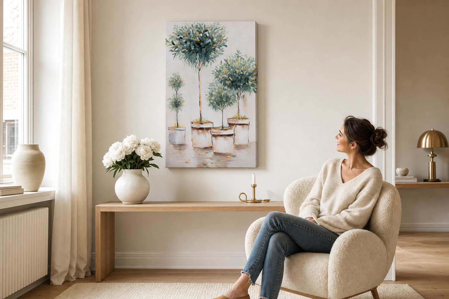 Oslikana slika za zid DRVEĆE 60x90 cm – ručno oslikana slika u elegantnom interijeru (Scandi cream) | wall mockup | premium platno | Papilora.sk