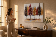 Oslikana slika na zidu STABLA 70x70 cm – ručno oslikana slika u elegantnom interijeru (Golden hour luxe) | wall mockup | premium canvas | Papilora.sk