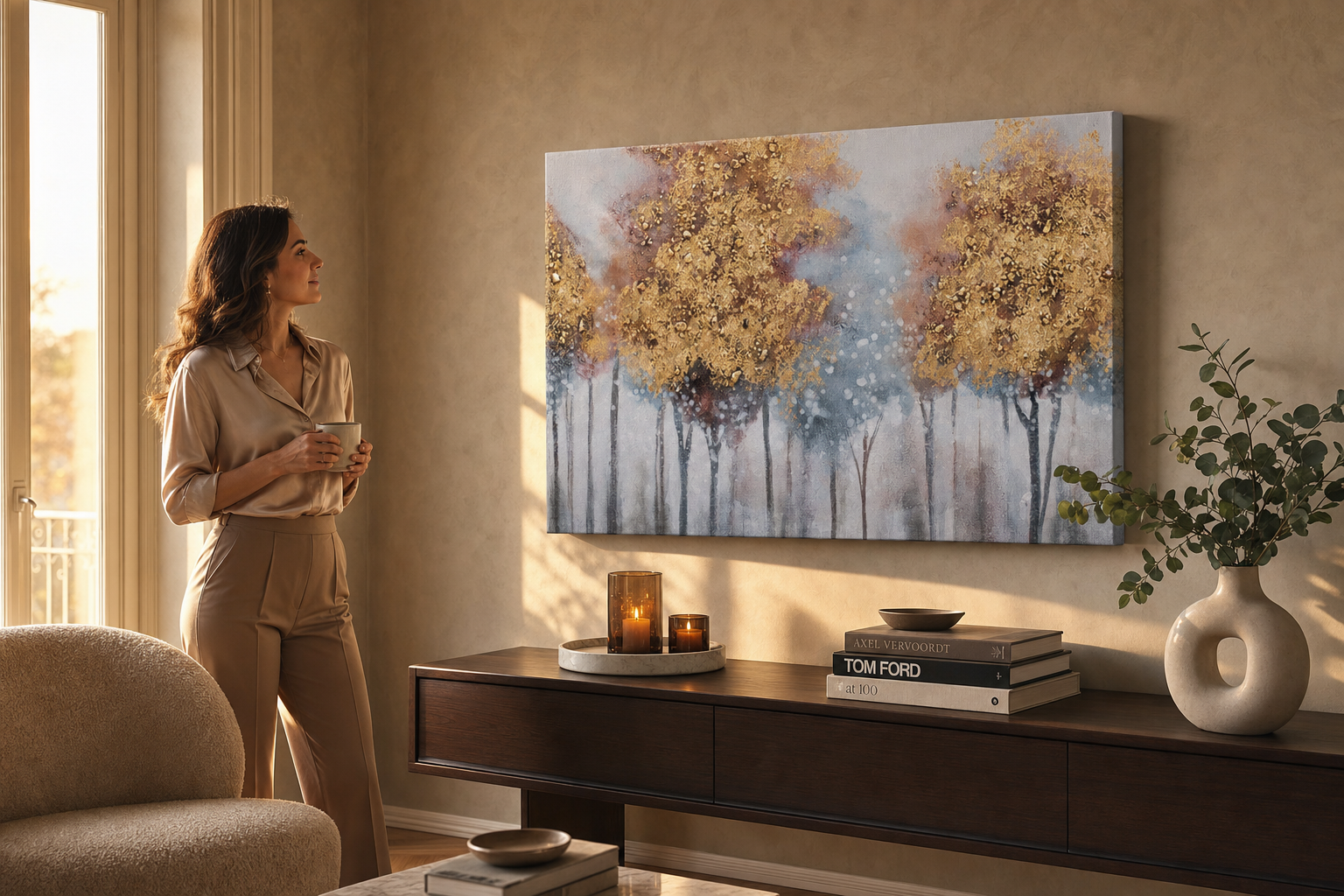 Oslikana slika za zid DRVEĆE 90x60 cm – ručno oslikana slika u elegantnom interijeru (Golden hour luxe) | wall mockup | premium platno | Papilora.sk