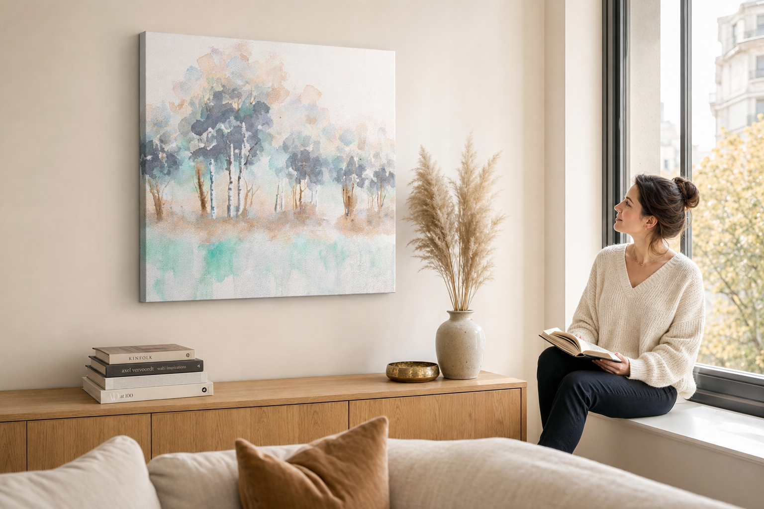 Oslikana slika za zid DRVEĆE 60x60 cm – ručno oslikana slika u elegantnom interijeru (Window reading) | wall mockup | premium platno | Papilora.sk