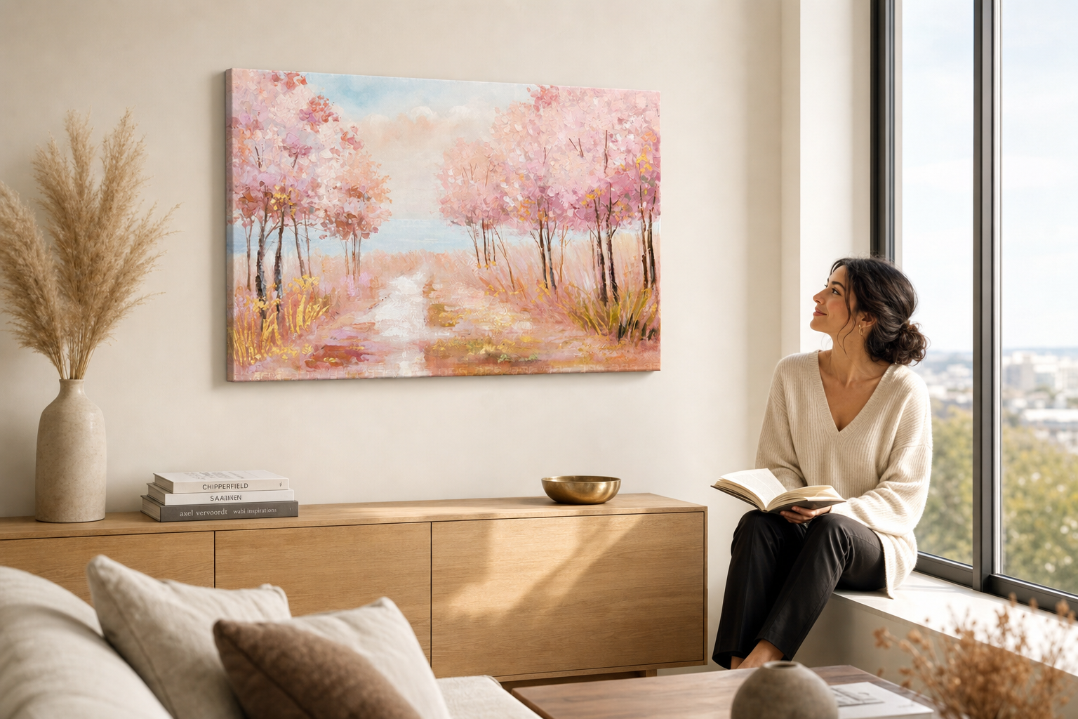 Oslikana slika za zid DRVEĆE 60x90 cm – ručno oslikana slika u elegantnom interijeru (Window reading) | wall mockup | premium platno | Papilora.sk