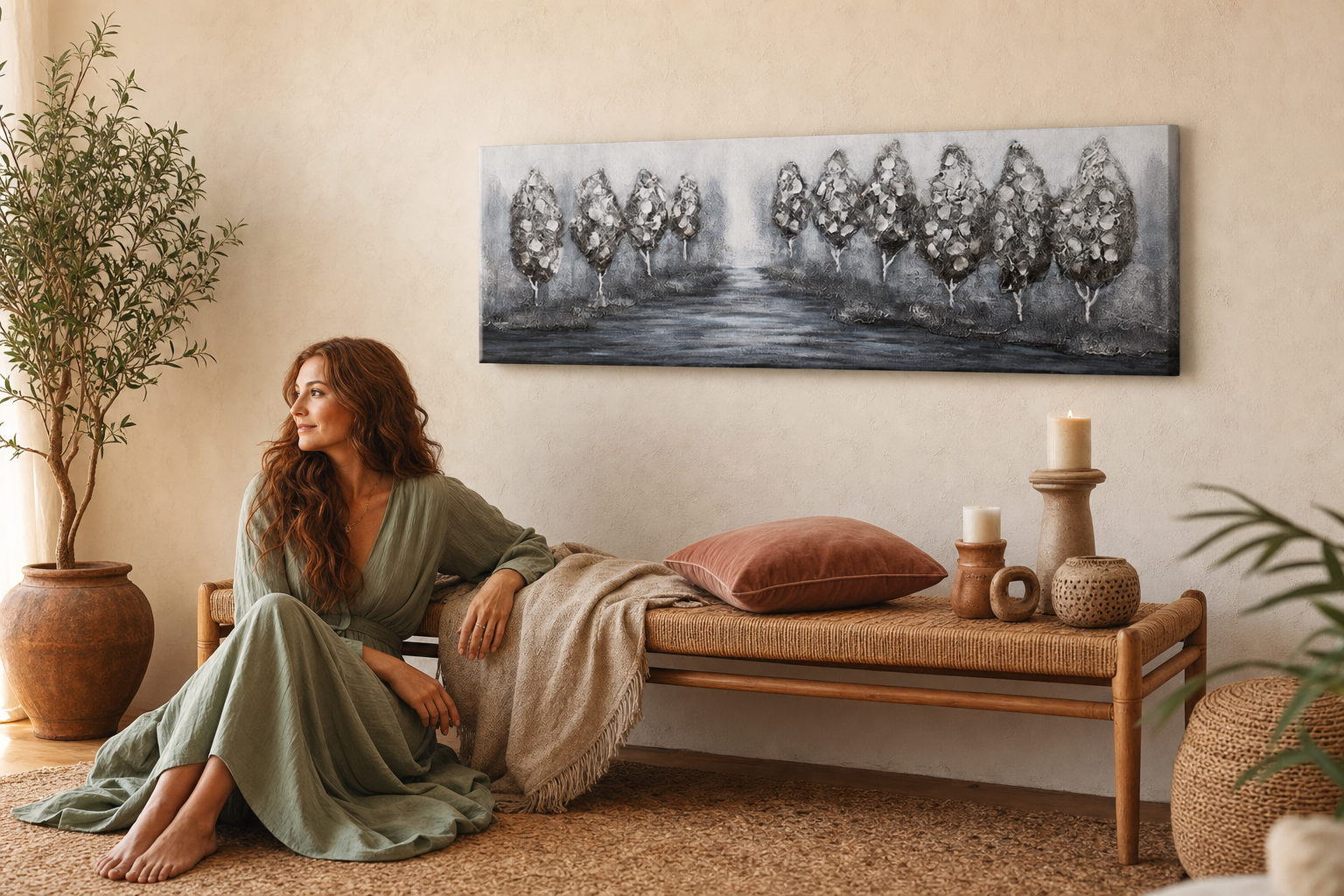 Oslikana slika na zidu DRVEĆE 150x50 cm – ručno oslikana slika u elegantnom interijeru (Bohemian warm) | wall mockup | premium canvas | Papilora.sk
