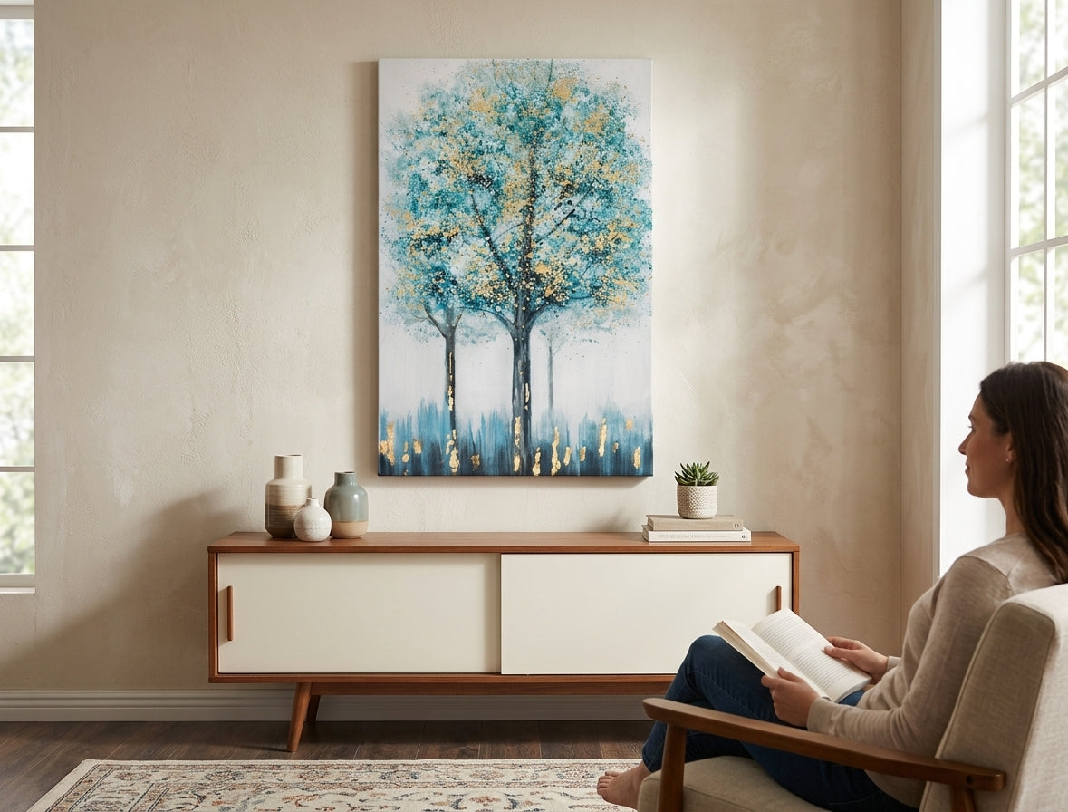 Oslikana slika za zid DRVEĆE 80x120 cm – ručno oslikana slika u elegantnom interijeru (Scandi neutral) | wall mockup | premium canvas | Papilora.sk